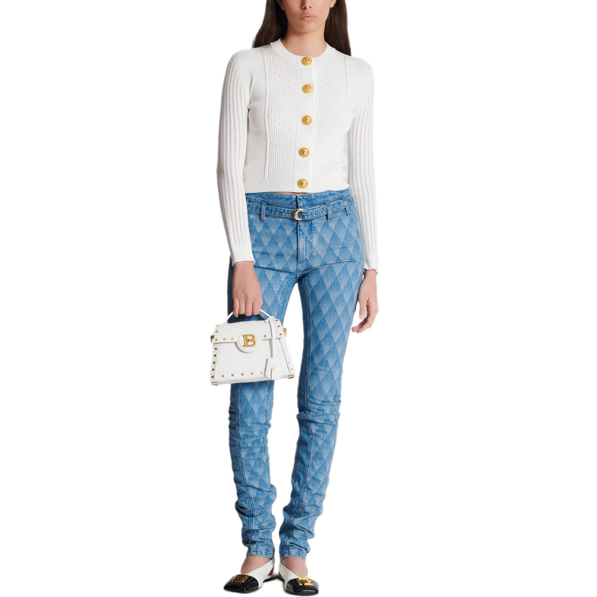 Shop (Women) BALMAIN  White Slim-Fit Knit Cardigan Long Sleeve FW24. DF1KL190-KF24-0FA