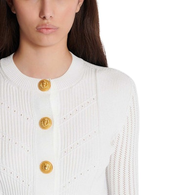 (Women) BALMAIN White Slim-Fit Knit Cardigan Long Sleeve FW24. DF1KL190-KF24-0FA Sizing (Women) BALMAIN White Slim-Fit Knit Cardigan Long Sleeve FW24. DF1KL190-KF24-0FA