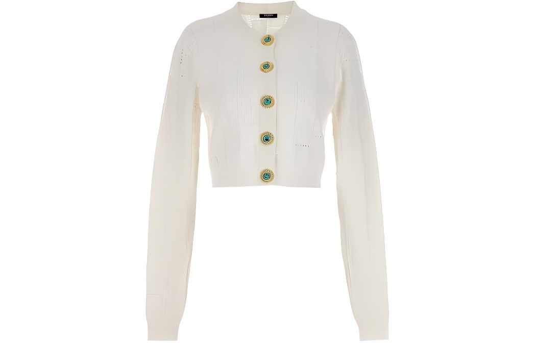 (Women) BALMAIN  White Solid Button Long Sleeve Sweater. CF1KL047-KF97-0FA
