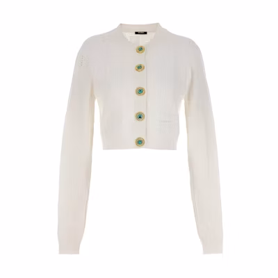 (Women) BALMAIN White Solid Button Long Sleeve Sweater. CF1KL047-KF97-0FA