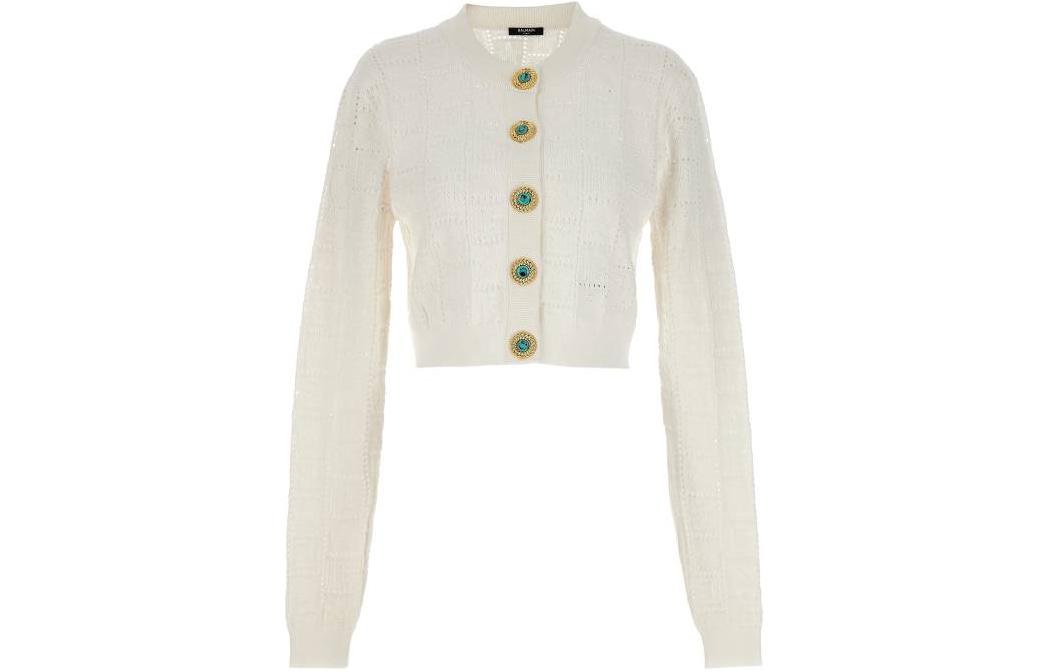 Order (W) BALMAIN Sweater Lengan Panjang Putih Butang Solid. CF1KL047-KF97-0FA