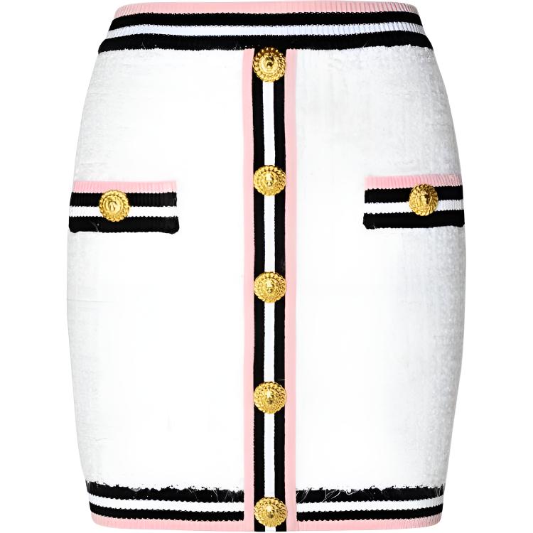 (Women) BALMAIN  White Striped Button Detail Elastic Waist Mini Skirt. CF0LB292KG15-GQW