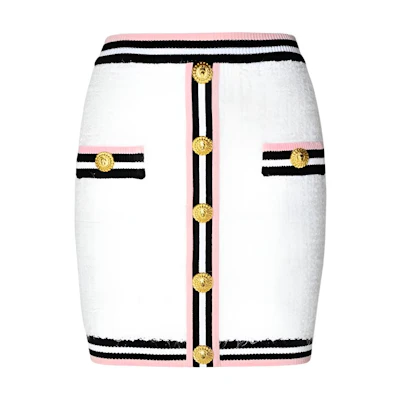 (Women) BALMAIN White Striped Button Detail Elastic Waist Mini Skirt. CF0LB292KG15-GQW