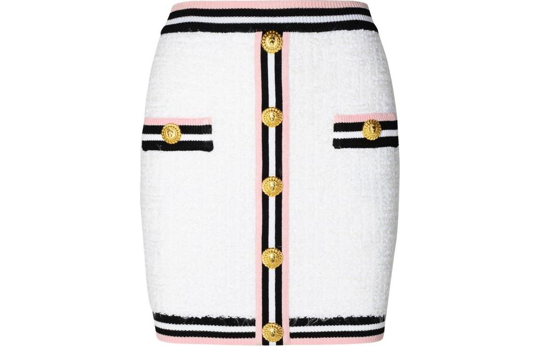 Order (W) 巴尔曼 白色条纹钮扣细节弹力腰迷你裙. CF0LB292KG15-GQW