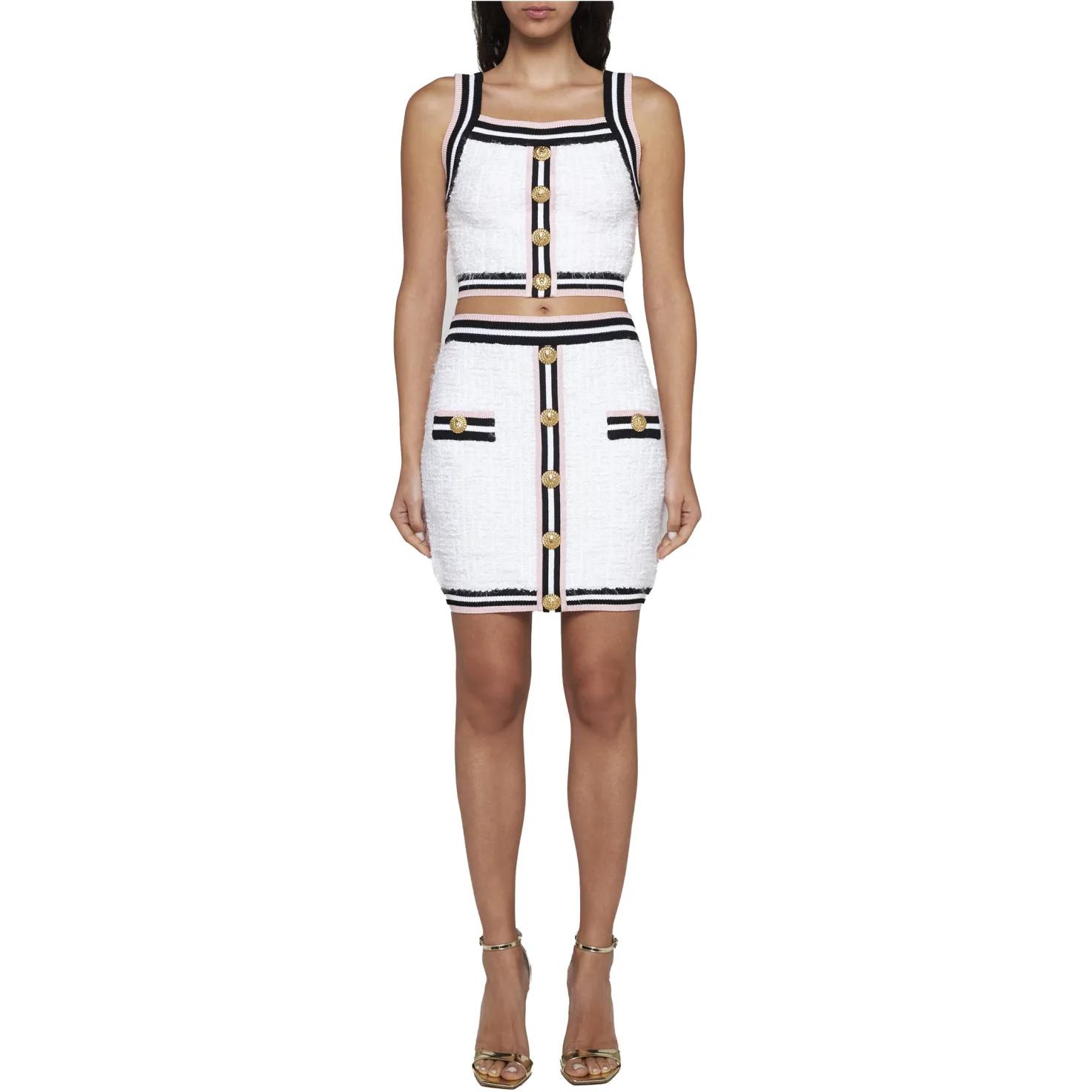 Lookbook (W) 발망 화이트 스트라이프 스퀘어넥 슬리veless 핏 크롭 탑 CF0AB052-KG15-GQW