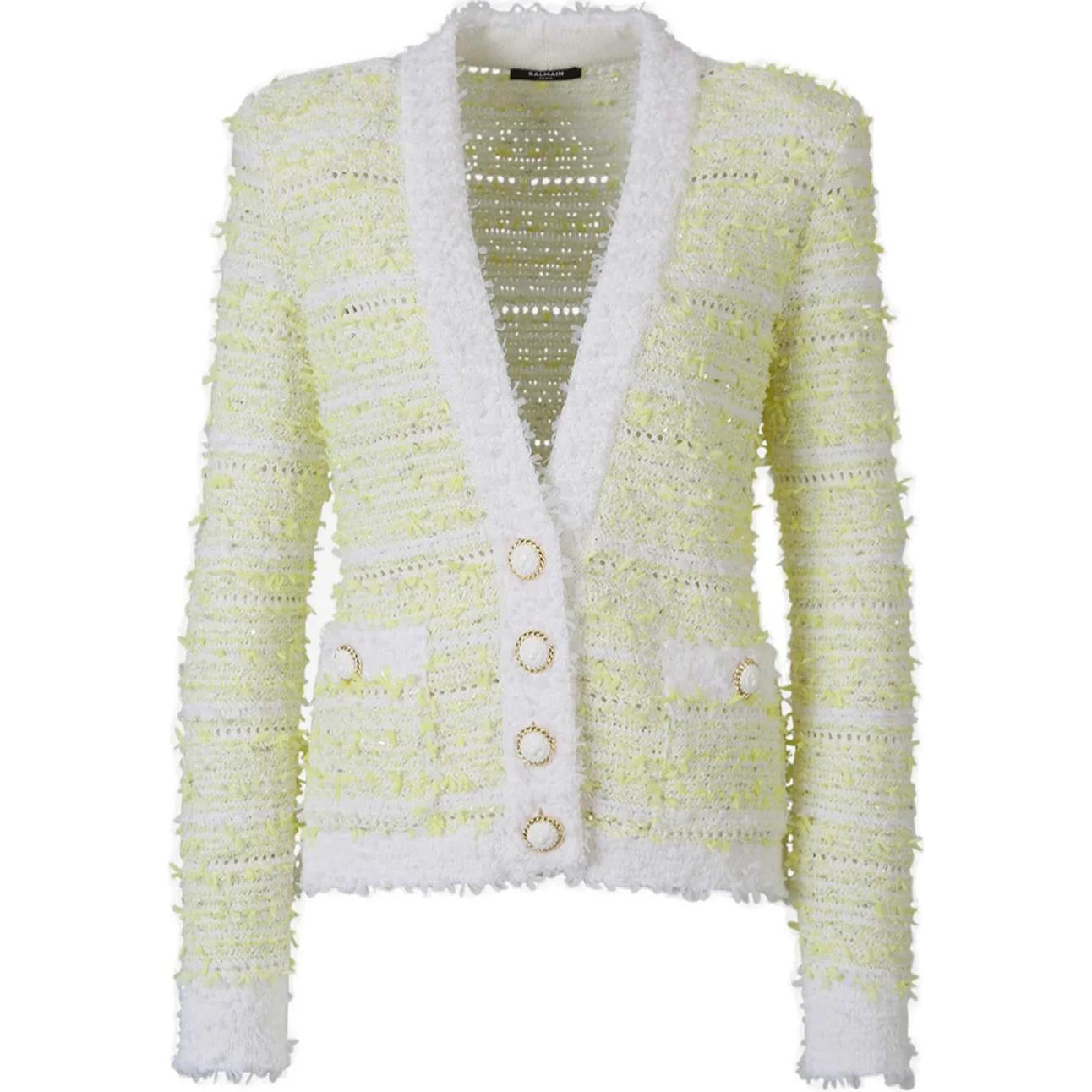 (Women) BALMAIN  Yellow V-Neck Button-Down Knit Cardigan Sweater. DF1KL106-KG71-GTZ