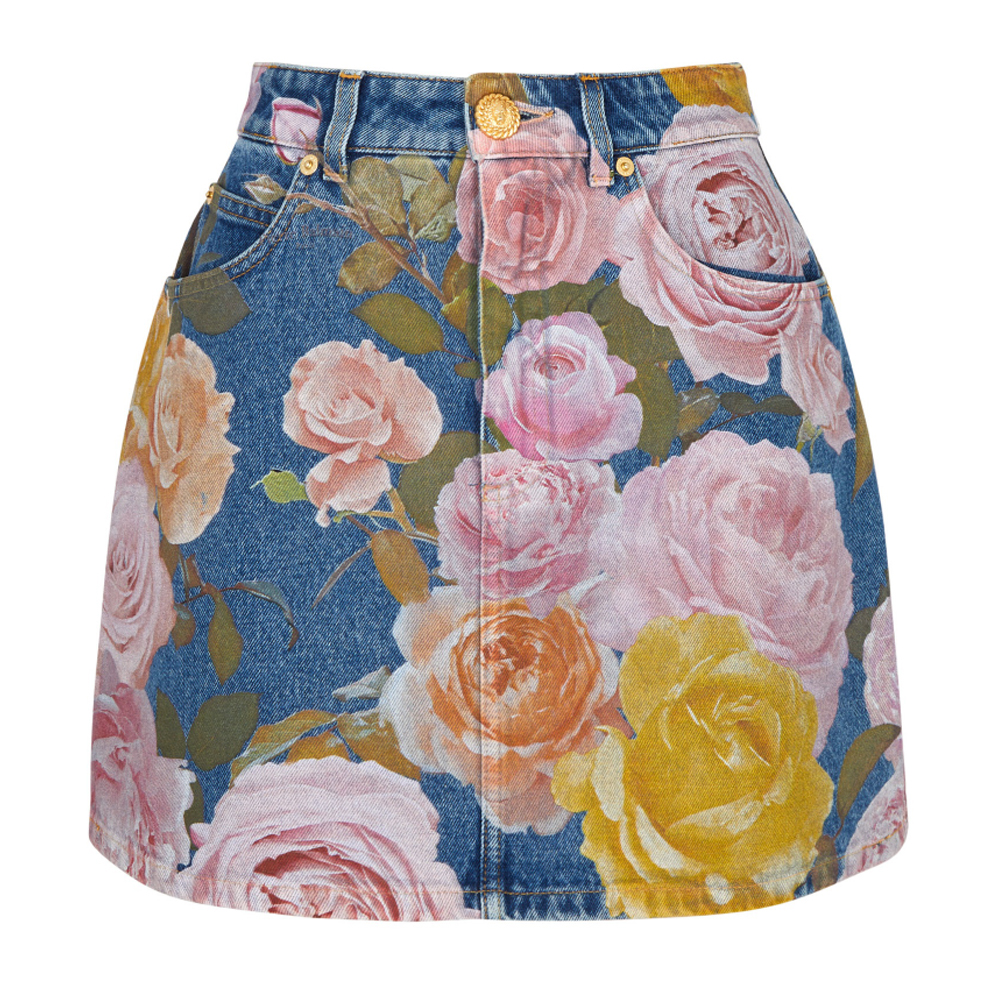 (Women) Balmain Blue Floral Print Zip Denim Mini Skirt CF0LA401-DE30-6FF