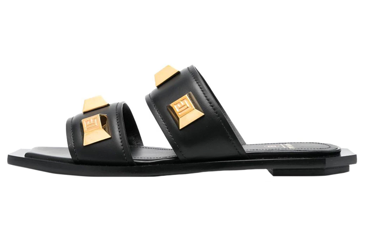 (Women) Balmain Calfskin Studded Flat Sandals 'Black Fashion' AN0UH878LAPD0PA