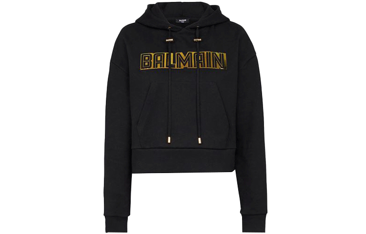 (Women) BALMAIN FW21 Black Letter Logo Drawstring Cropped Hoodie. WF0JP010-B098-EAD