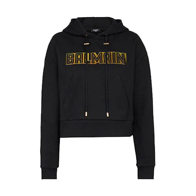 (Women) BALMAIN FW21 Black Letter Logo Drawstring Cropped Hoodie. WF0JP010-B098-EAD