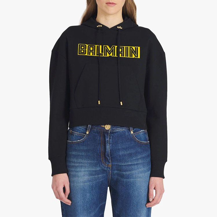 Details for (W) 巴黎世家 FW21 黑色字母Logo抽繩短款連帽衫 WF0JP010-B098-EAD