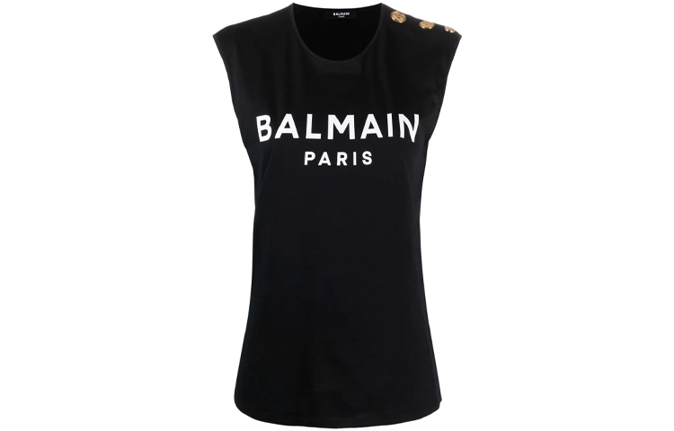 (Women) Balmain FW21 Black Logo Strap Vest with Button Details. WF0EB005B091-EAB