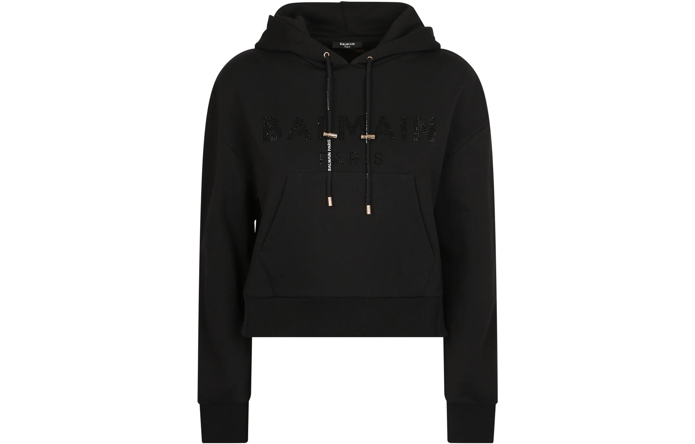 (Women) BALMAIN FW21 Black Rhinestone Logo Hoodie. WF1JP000B093-EAP