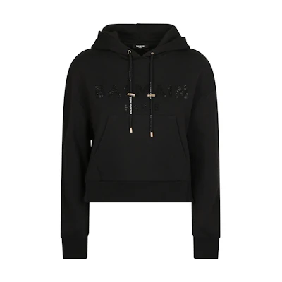 (Women) BALMAIN FW21 Black Rhinestone Logo Hoodie. WF1JP000B093-EAP