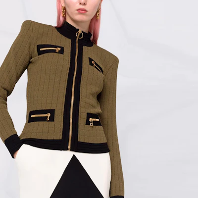 (Women) Balmain FW21 Brown Stand Collar Trim Jacket WF0SK031-K330-UEE Details for (Women) Balmain FW21 Brown Stand Collar Trim Jacket WF0SK031-K330-UEE