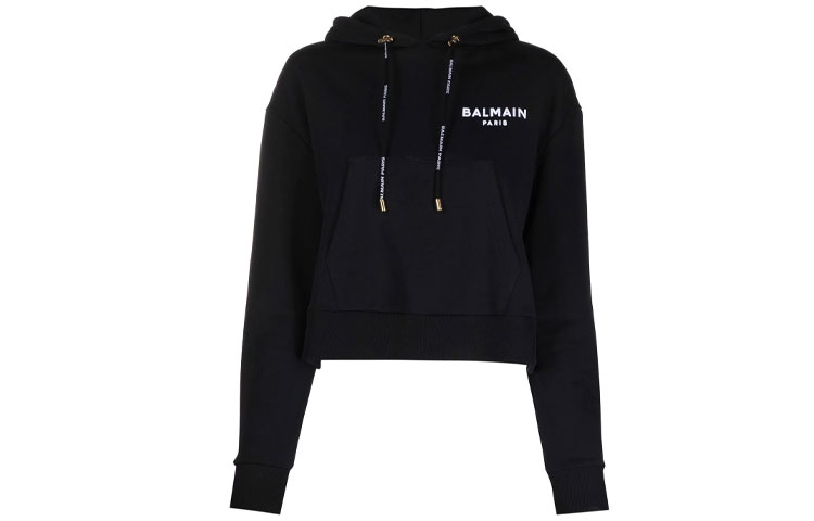(Women) BALMAIN FW21 Logo Print Cropped Hoodie Black WF0JP000B013-EAB
