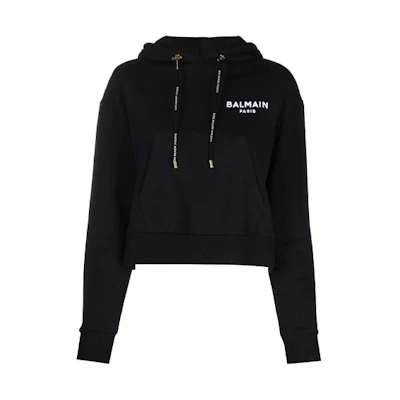 (Women) BALMAIN FW21 Logo Print Cropped Hoodie Black WF0JP000B013-EAB