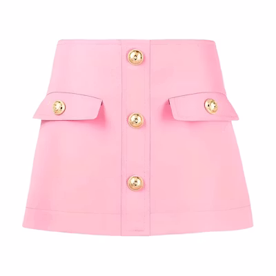 (Women) BALMAIN FW21 Pink Logo Button A-Line Mini Skirt for Women WF0LA120-167L-4KJ