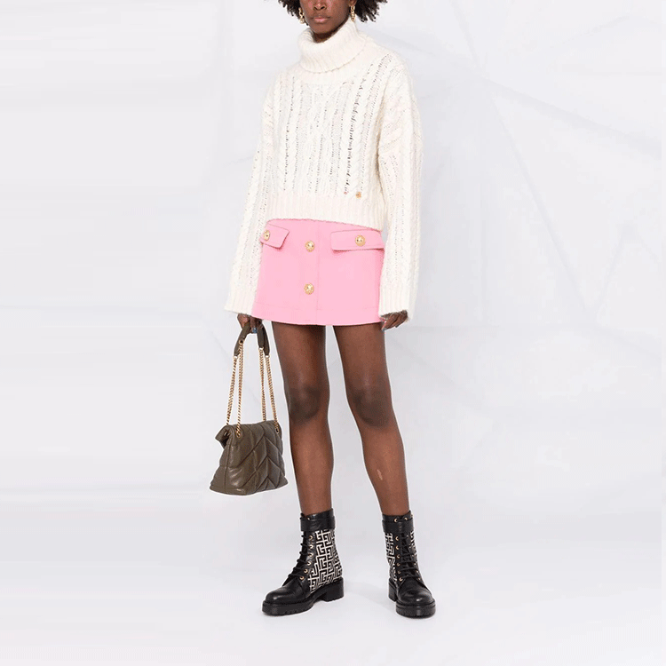 Lookbook (W) 巴尔曼2021秋冬粉色标志纽扣A字迷你裙女款 WF0LA120-167L-4KJ