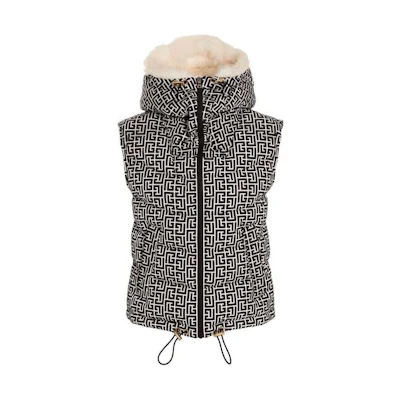 (Women) BALMAIN FW22 Black Full-Print Logo Zip Hoodie Vest. YF2TO010XB50EAB