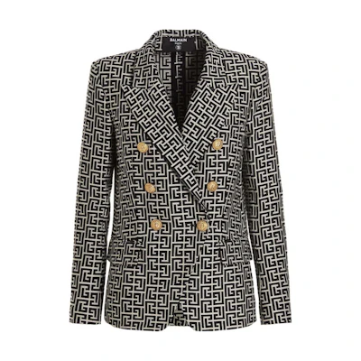 (Women) BALMAIN FW22 Black Logo Pattern Double-Breasted Blazer. YF1SG046CB03GFE
