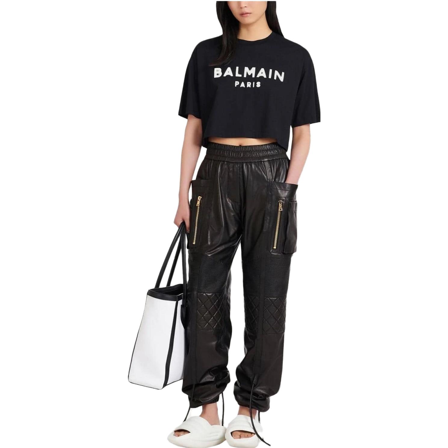 Shop (W) BALMAIN FW22 Baju-T Cetakan Logo Hitam Pendek AF1EE020BB02-EAB