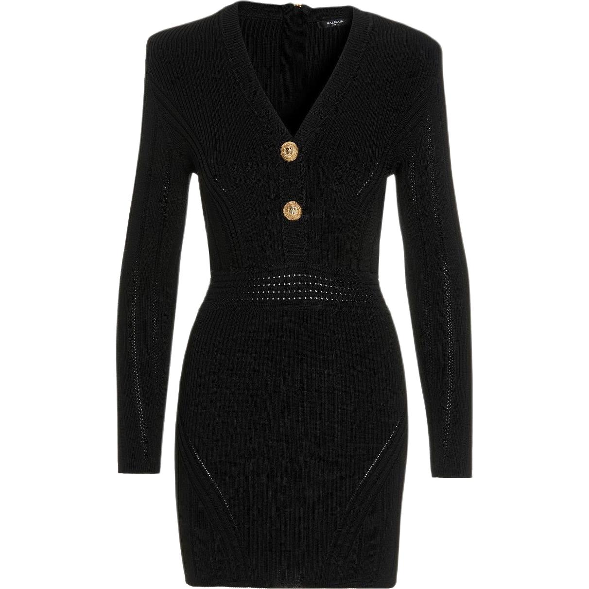 (Women) BALMAIN FW22  V-Neck Button Long Sleeve Dress Black YF0R8062KB390PA