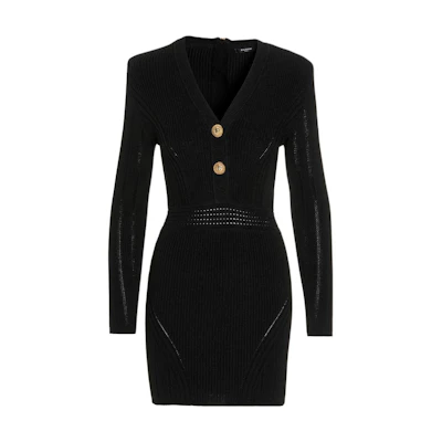 (Women) BALMAIN FW22 V-Neck Button Long Sleeve Dress Black YF0R8062KB390PA