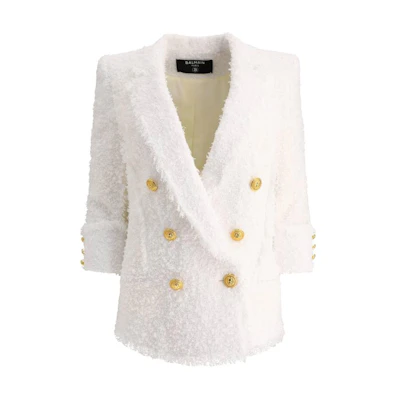 (Women) BALMAIN FW22 White Double-Breasted Frayed Long-Sleeve Jacket. YF1SG090XC67-0FA