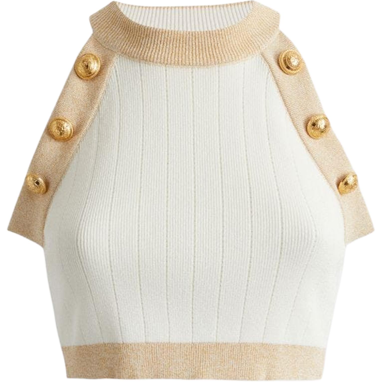 (Women) BALMAIN FW22  White Slim-Fit Knit Tank Top with Contrast Trim. AF1AB022KD74-GDK