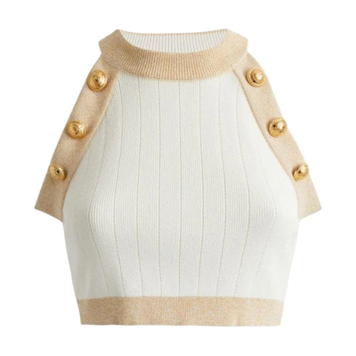 (Women) BALMAIN FW22 White Slim-Fit Knit Tank Top with Contrast Trim. AF1AB022KD74-GDK