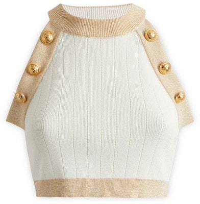 (W) バルマン FW22 ホワイト スリムフィット ニットタンクトップ コントラストトリム付き AF1AB022KD74-GDK Order (W) バルマン FW22 ホワイト スリムフィット ニットタンクトップ コントラストトリム付き AF1AB022KD74-GDK