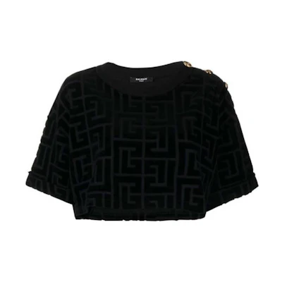 (Women) BALMAIN FW22 All-Over Logo Crewneck T-Shirt Women’s Black YF1AI050JD56EAP