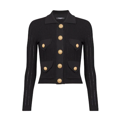 (Women) BALMAIN FW23 Black Knit Long Sleeve Cropped Cardigan CF1KL150-KF24-0PA