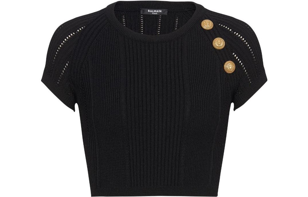 (Women) BALMAIN FW23  Black Short-Sleeve Knit Top with Button Accents. CF1AI077-KF24-0PA
