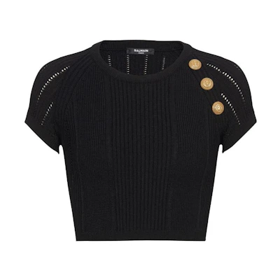 (Women) BALMAIN FW23 Black Short-Sleeve Knit Top with Button Accents. CF1AI077-KF24-0PA