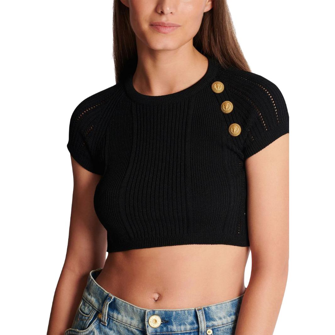 (Women) BALMAIN FW23  Black Short-Sleeve Knit Top with Button Accents. CF1AI077-KF24-0PA 圖 3
