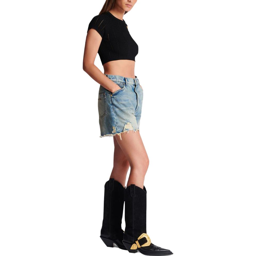 (Women) BALMAIN FW23  Black Short-Sleeve Knit Top with Button Accents. CF1AI077-KF24-0PA 圖 5