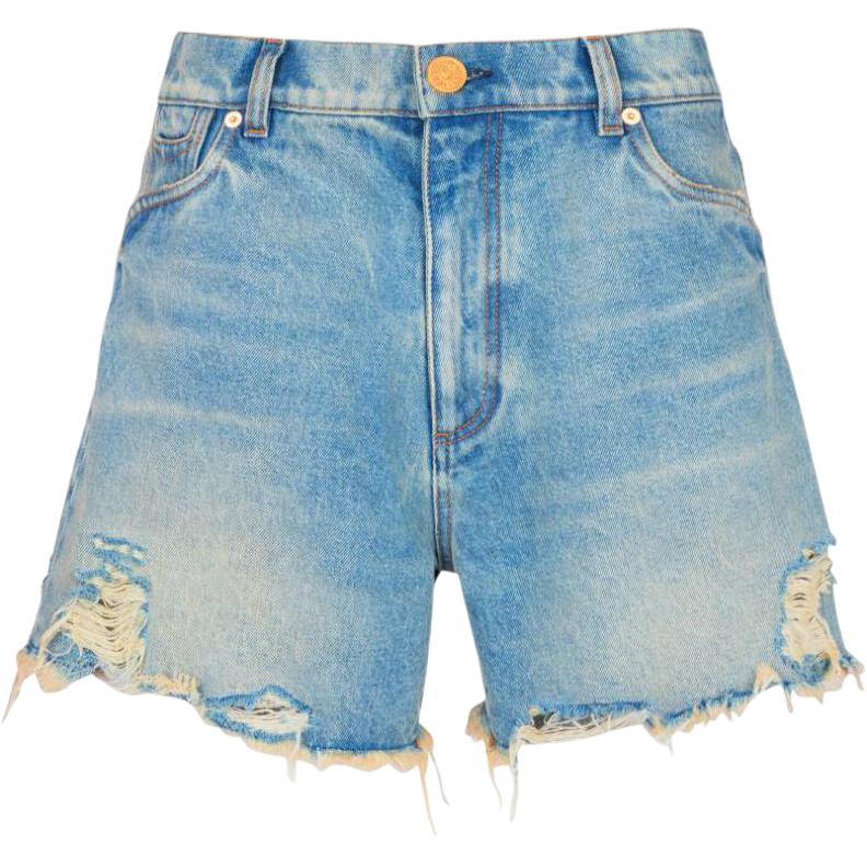 (Women) BALMAIN FW23  Distressed Mid-Rise Denim Shorts with Logo Embroidery Blue CF1MA120-DE04-6FF