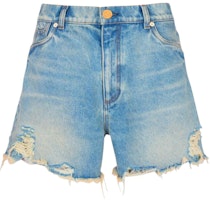 (Women) BALMAIN FW23 Distressed Mid-Rise Denim Shorts with Logo Embroidery Blue CF1MA120-DE04-6FF (Women) BALMAIN FW23 Distressed Mid-Rise Denim Shorts with Logo Embroidery Blue CF1MA120-DE04-6FF