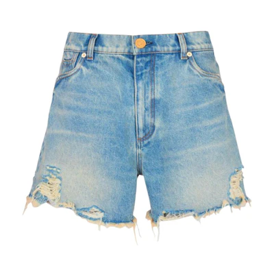 (Women) BALMAIN FW23 Distressed Mid-Rise Denim Shorts with Logo Embroidery Blue CF1MA120-DE04-6FF