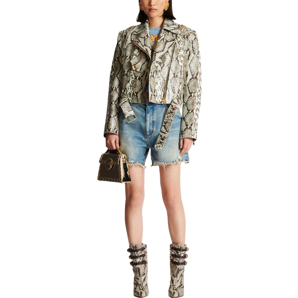 Lookbook (W) 巴尔曼FW23蓝色徽标刺绣中腰破洞牛仔短裤 CF1MA120-DE04-6FF