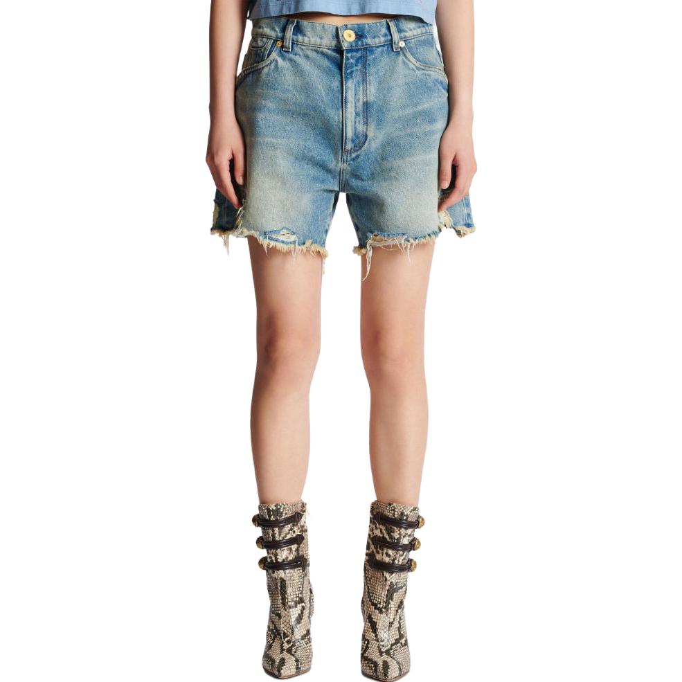 Shop (W) 巴尔曼FW23蓝色徽标刺绣中腰破洞牛仔短裤 CF1MA120-DE04-6FF