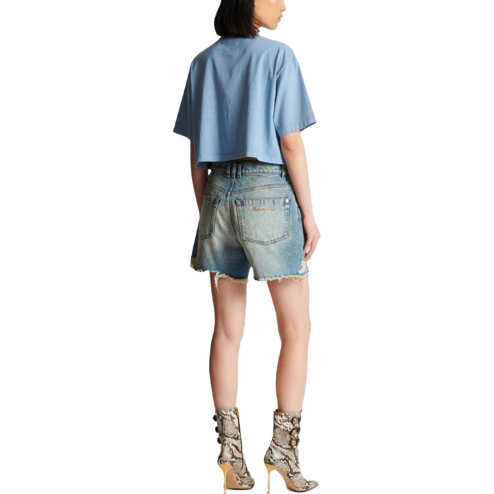 Purchase (W) 巴尔曼FW23蓝色徽标刺绣中腰破洞牛仔短裤 CF1MA120-DE04-6FF