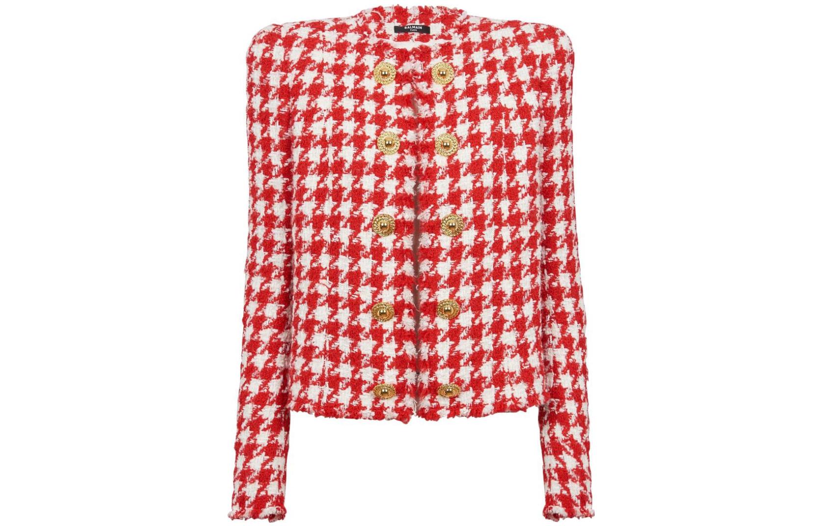(Women) BALMAIN FW23  Houndstooth Double-Breasted Jacket Red CF1SK450-XG85-MAIF