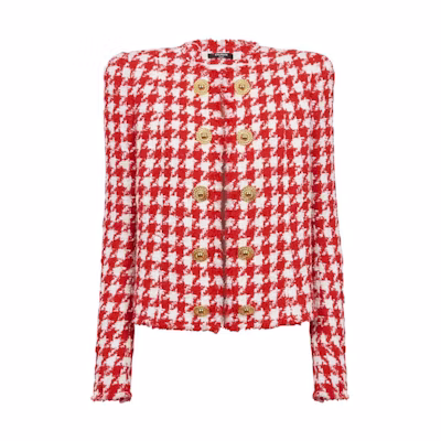 (Women) BALMAIN FW23 Houndstooth Double-Breasted Jacket Red CF1SK450-XG85-MAIF