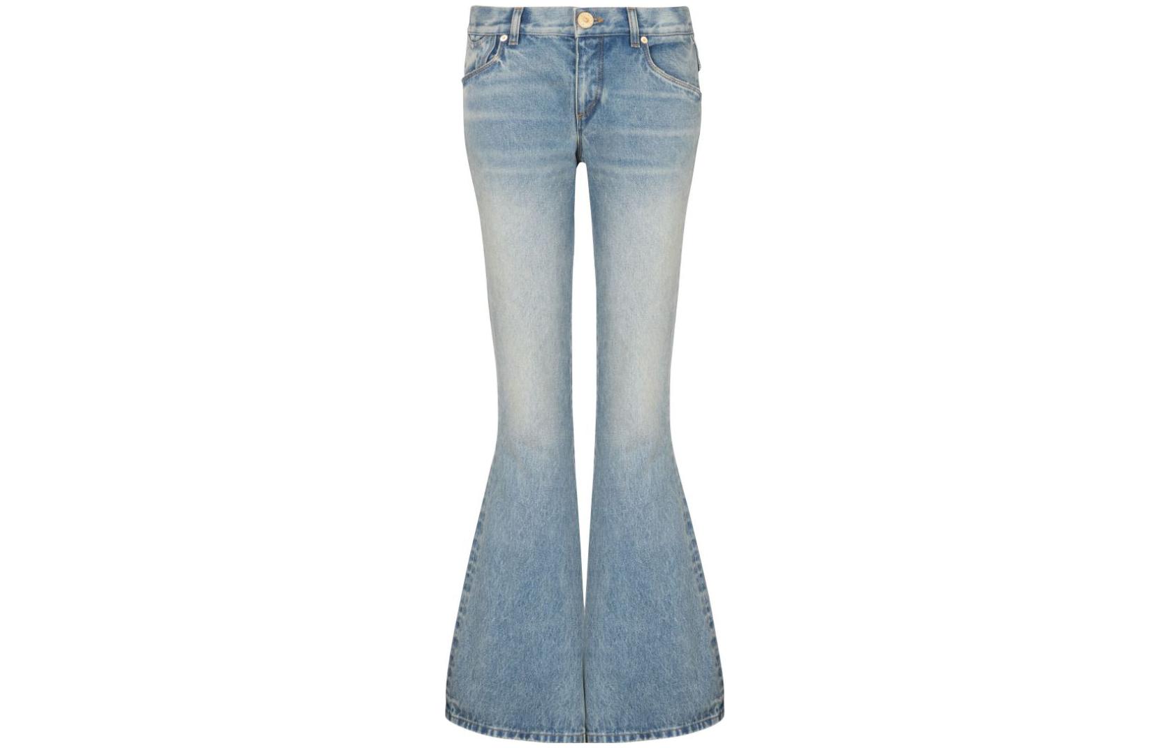 Order (W) BALMAIN FW23 Seluar Jeans Flared Biru Rendah dengan Sulaman Logo CF1MJ120-DE04-6FF