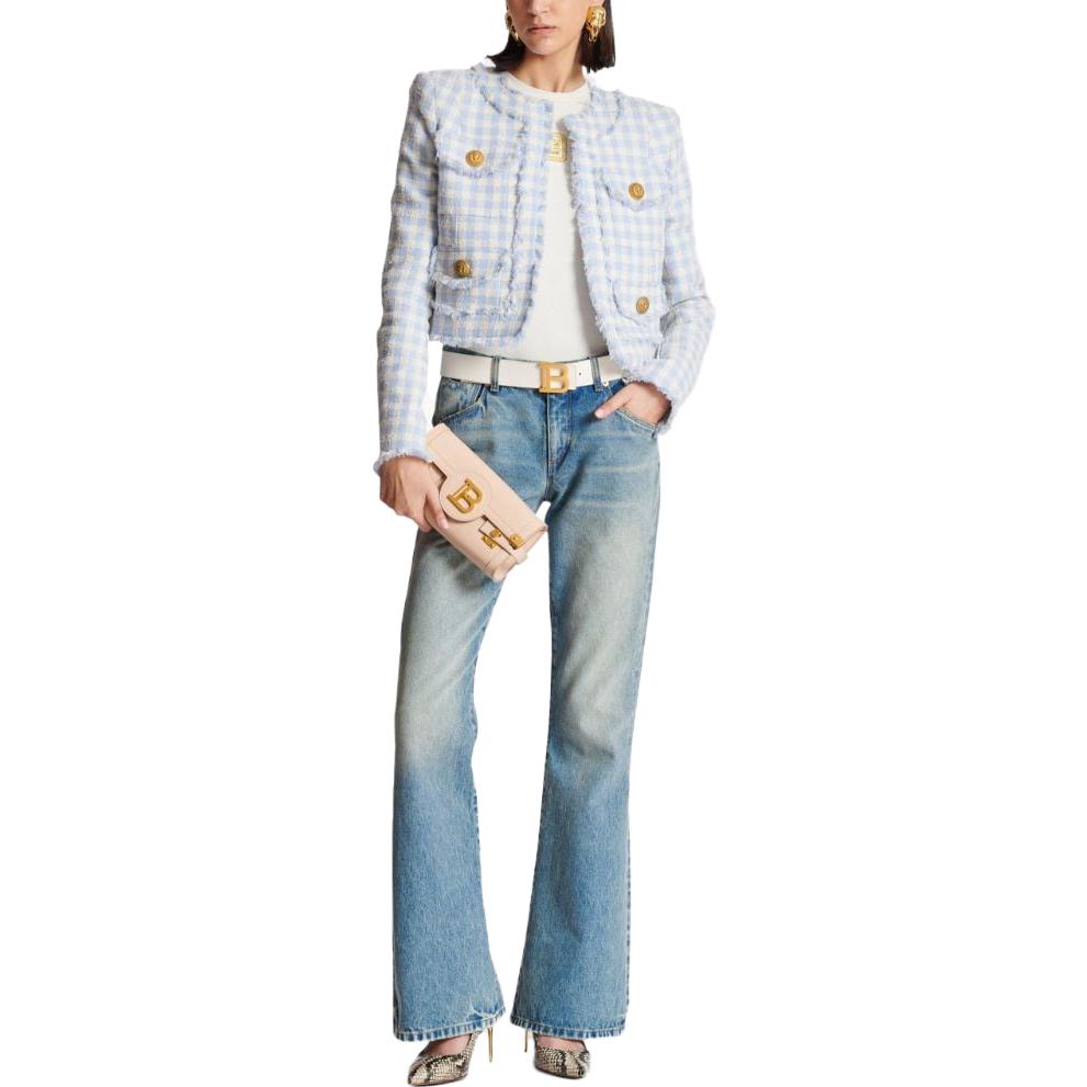 Lookbook (W) BALMAIN FW23 Seluar Jeans Flared Biru Rendah dengan Sulaman Logo CF1MJ120-DE04-6FF