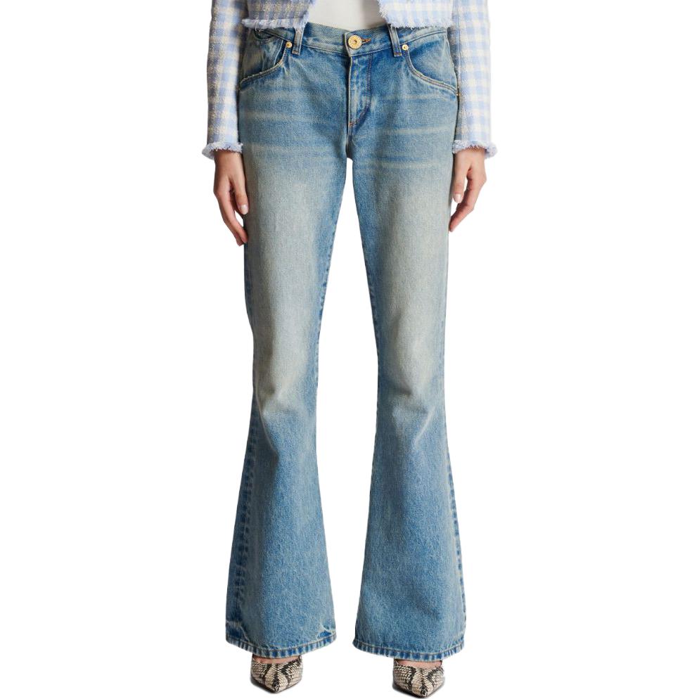 Shop (W) BALMAIN FW23 Seluar Jeans Flared Biru Rendah dengan Sulaman Logo CF1MJ120-DE04-6FF