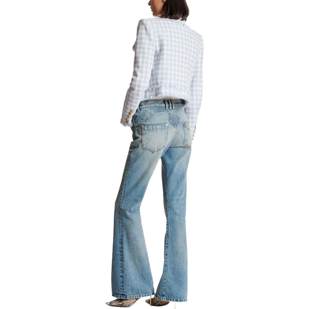 Purchase (W) BALMAIN FW23 Seluar Jeans Flared Biru Rendah dengan Sulaman Logo CF1MJ120-DE04-6FF